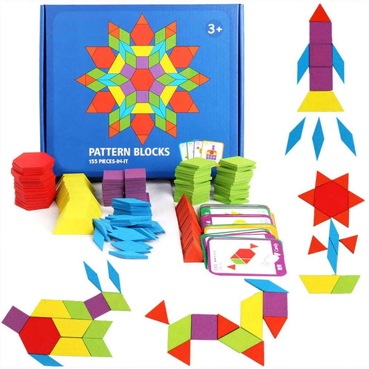 155 Pcs Wooden Pattern Puzzle Kindergarten Tangram Toys for Kids