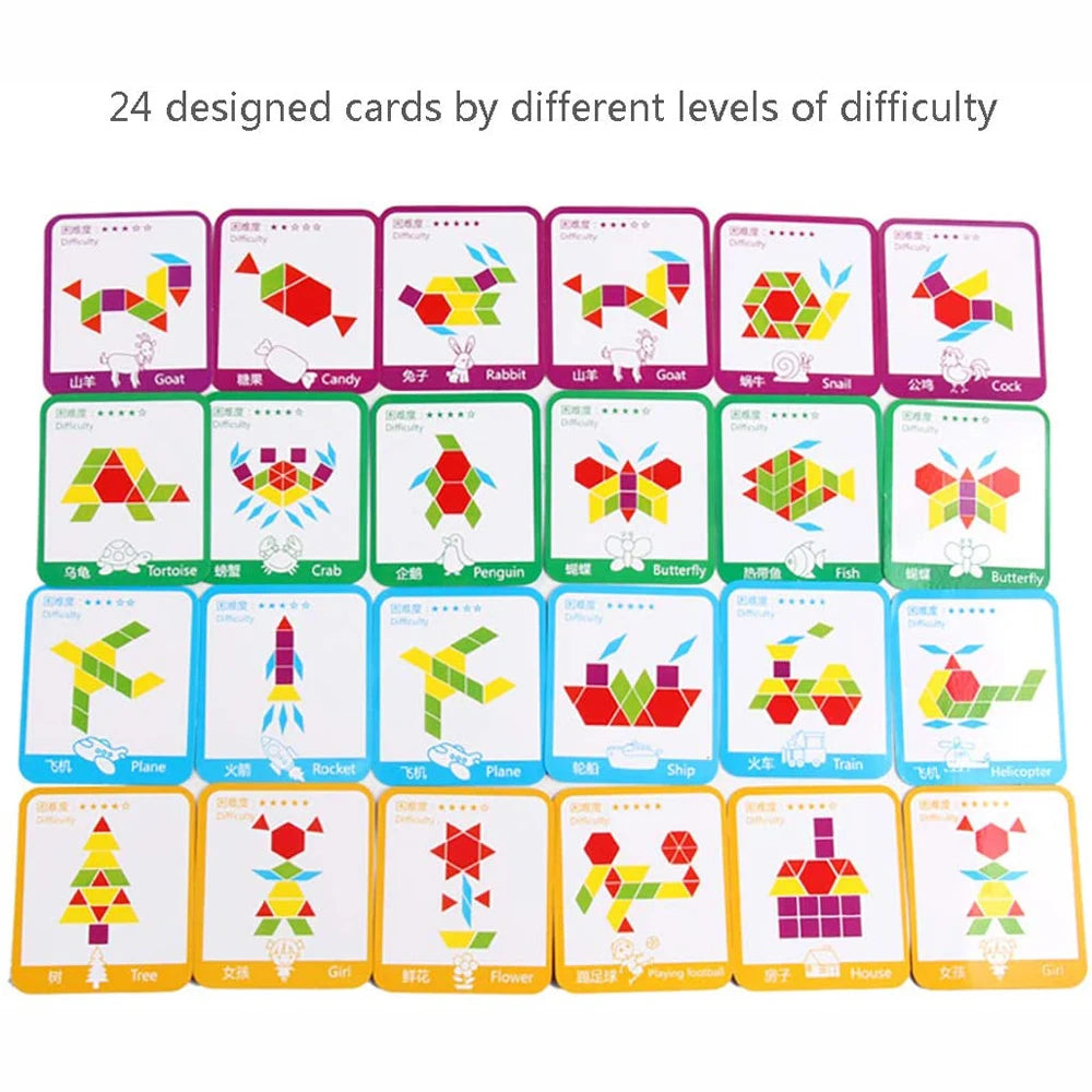 155 Pcs Wooden Pattern Puzzle Kindergarten Tangram Toys for Kids